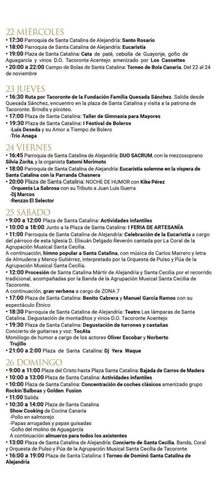 Programa de Actos y Eventos de Santa Catalina de Alejandría en Tacoronte 2023. Programación