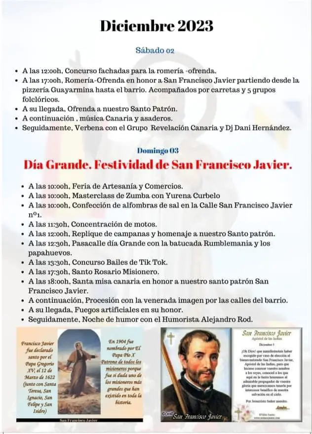 Programa de Actos y Eventos de las Fiestas de San Francisco Javier en Gran Canaria 2023