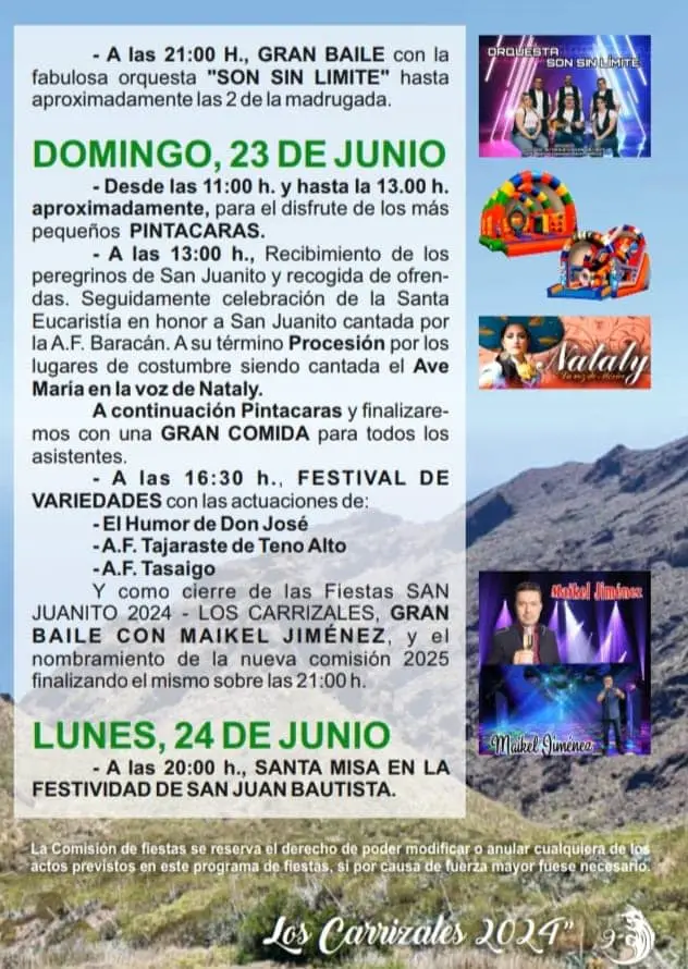 Fiestas de San Juanito y Virgen del Socorro de los Carrizales 2024. Programación de Actos, Eventos y Actividades con Fechas y Horarios