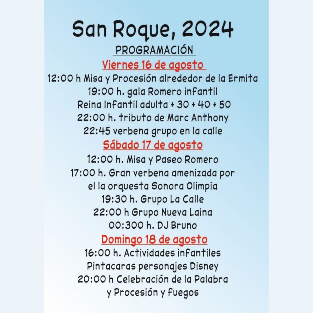 Programa del 16 al 18 de agosto de 2024 de las Fiestas de San Roque en La Laguna. Información destacada sobre los eventos